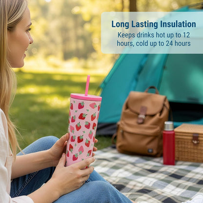 24 oz Insulated Tumbler with Straw, Lemons | 24 oz vacuum-insulated tumbler with reusable straw and spill-resistant lid · fits most car cup holders