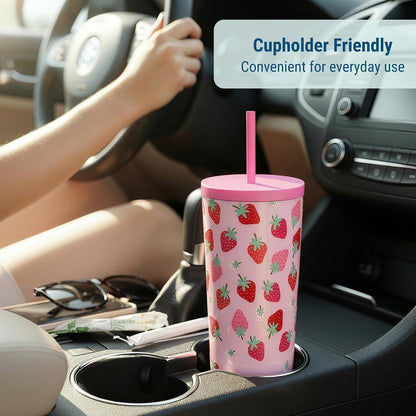 24 oz Insulated Tumbler with Straw, Lemons | 24 oz vacuum-insulated tumbler with reusable straw and spill-resistant lid · fits most car cup holders