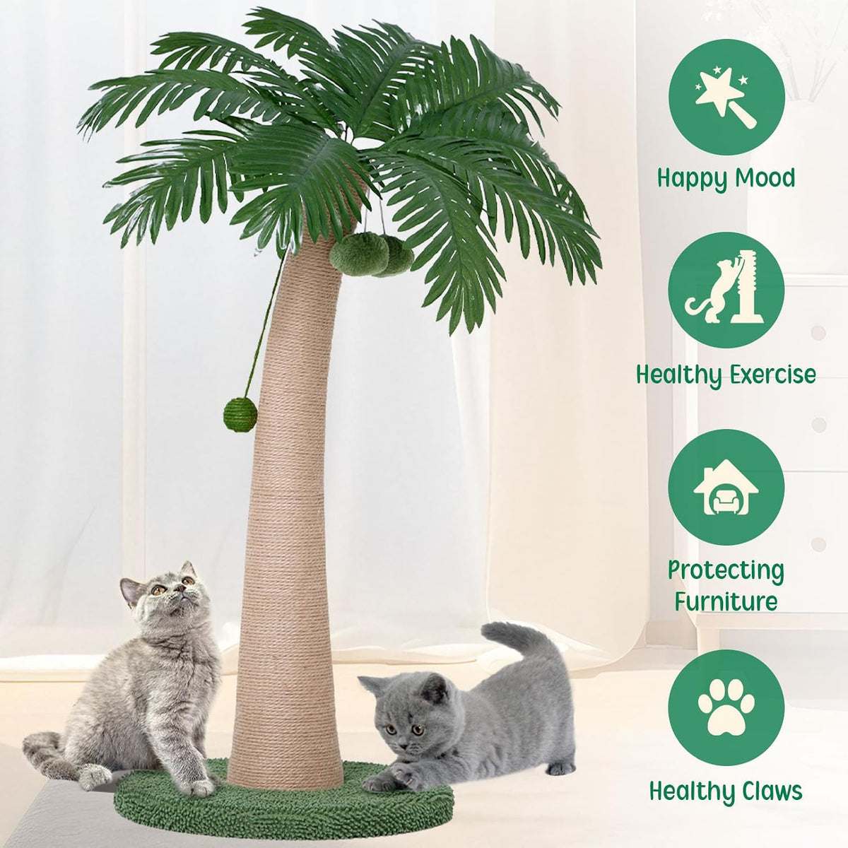 43 Inches Tall Cat Scratching Post for Large Cat, Coconut Tree Shaped Sisal Scratcher for Indoor Cat with 3 Pompoms