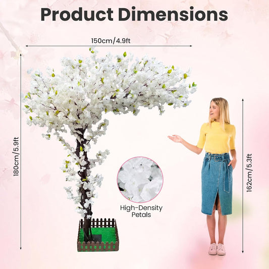 8.2FT Tall Artificial Cherry Blossom Tree with Dense Handcrafted Silk Flowers, Realistic Wood-Trunk Sakura Floor Plant for High Ceiling Living Room Wedding Venue Statement Decor