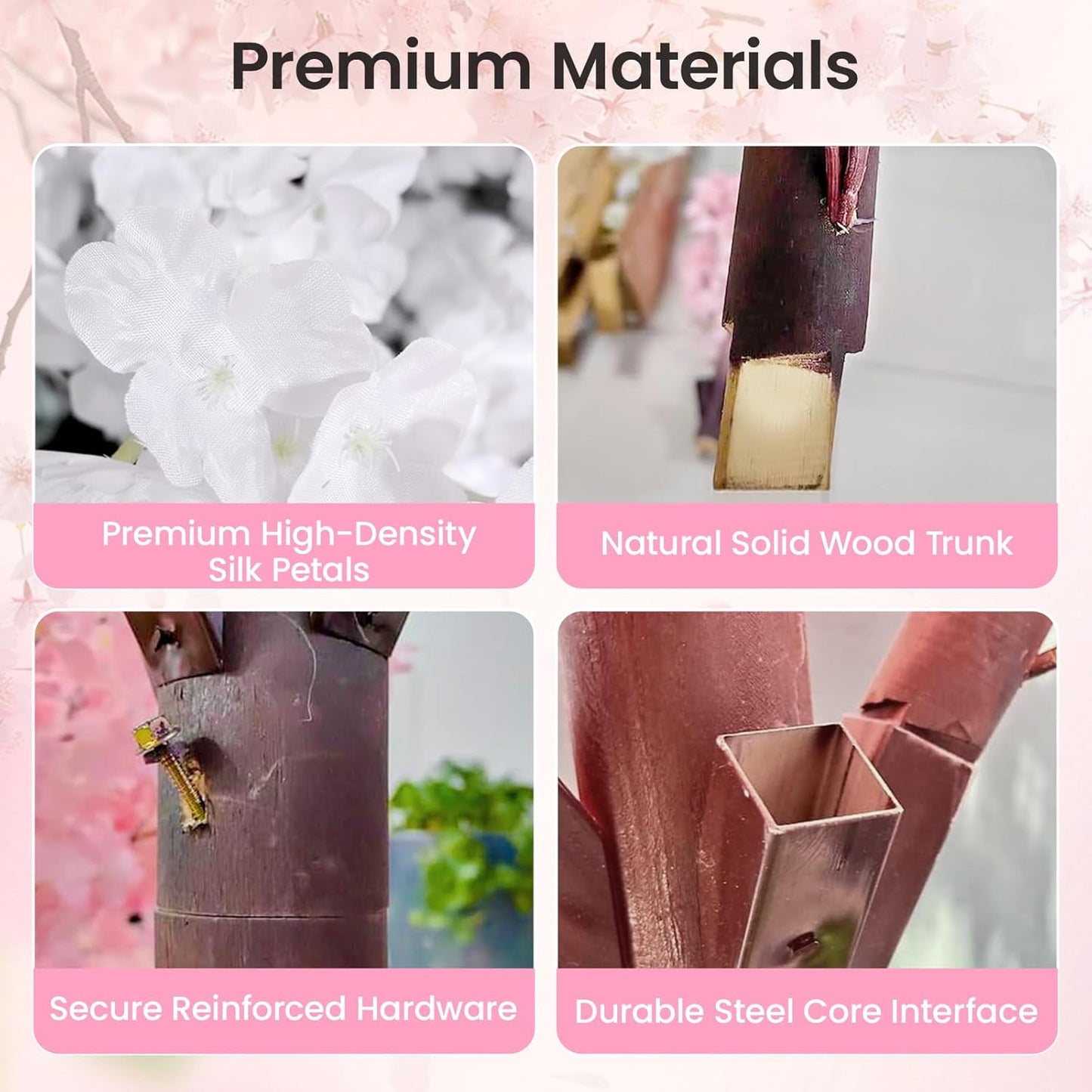 8.2FT Tall Artificial Cherry Blossom Tree with Dense Handcrafted Silk Flowers, Realistic Wood-Trunk Sakura Floor Plant for High Ceiling Living Room Wedding Venue Statement Decor
