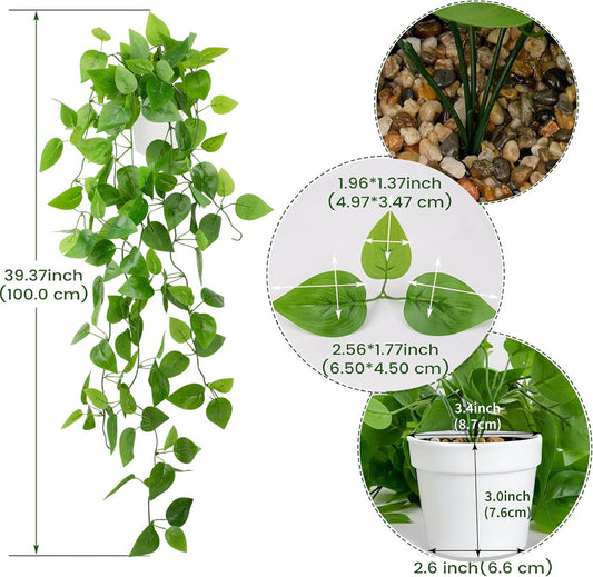 Small Fake Hanging Plant Artificial Potted Plants for Indoor Outdoor Aesthetic - 39in Realistic Faux Hanging Pothos with Ivy Vine for Shelf Decor in Home Office Gardens Greenery (Black Pot)