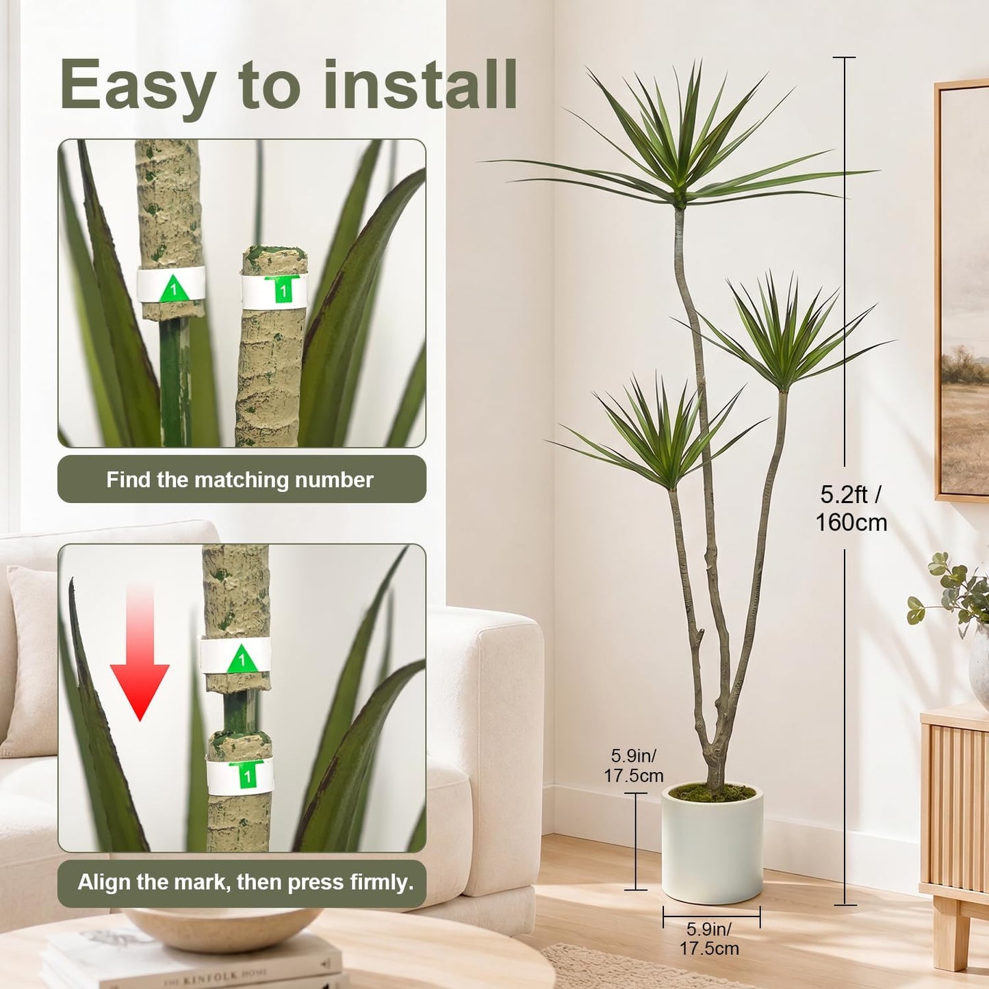 Dracaena Marginata Artificial Plant 6ft Tall Fake Tree Indoor Home | Premium Realistic Leaves & Natural Wood-Like Trunk, Faux Dracaena Tree Floor Plant in Decorative Pot, No Maintenance