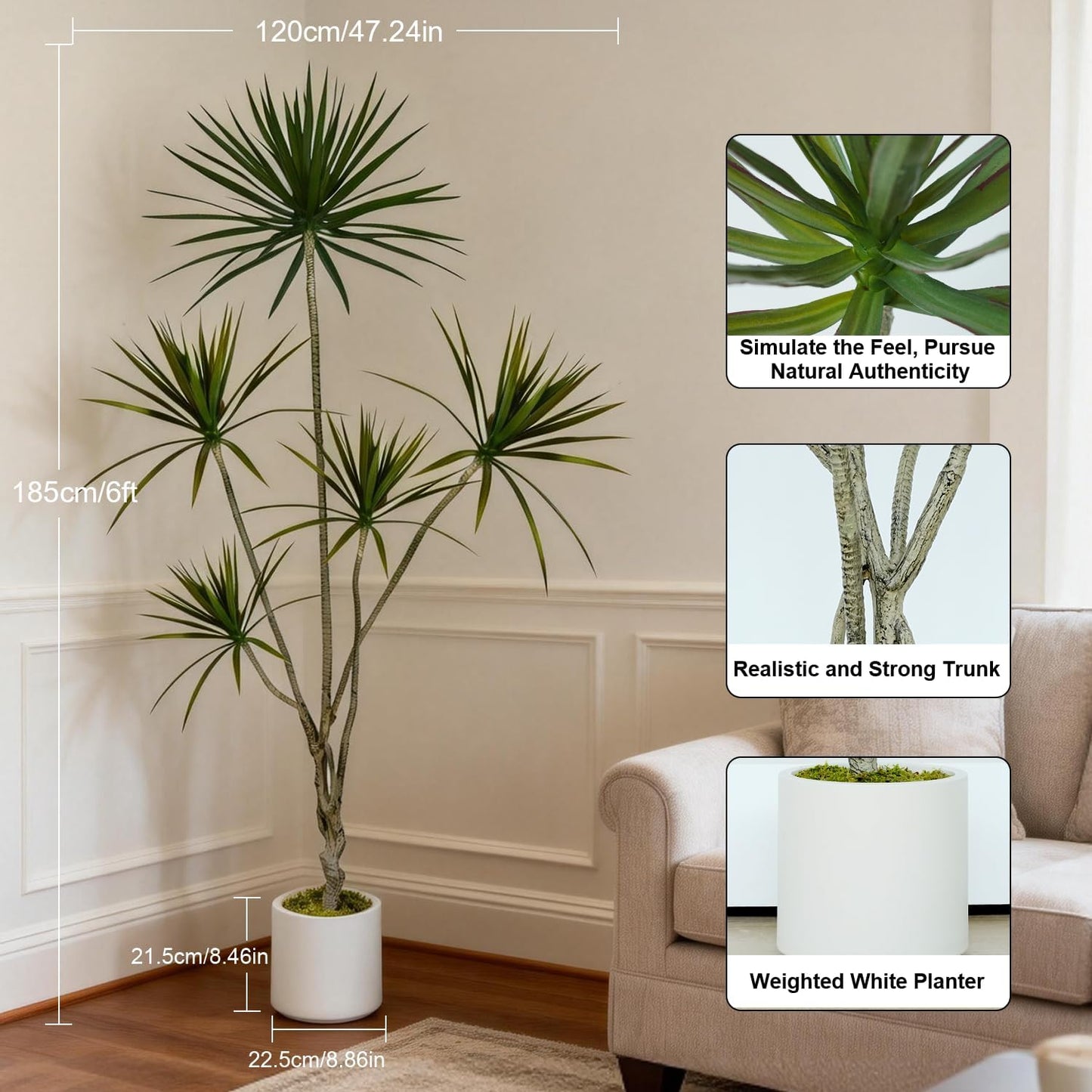 Dracaena Marginata Artificial Plant 6ft Tall Fake Tree Indoor Home | Premium Realistic Leaves & Natural Wood-Like Trunk, Faux Dracaena Tree Floor Plant in Decorative Pot, No Maintenance