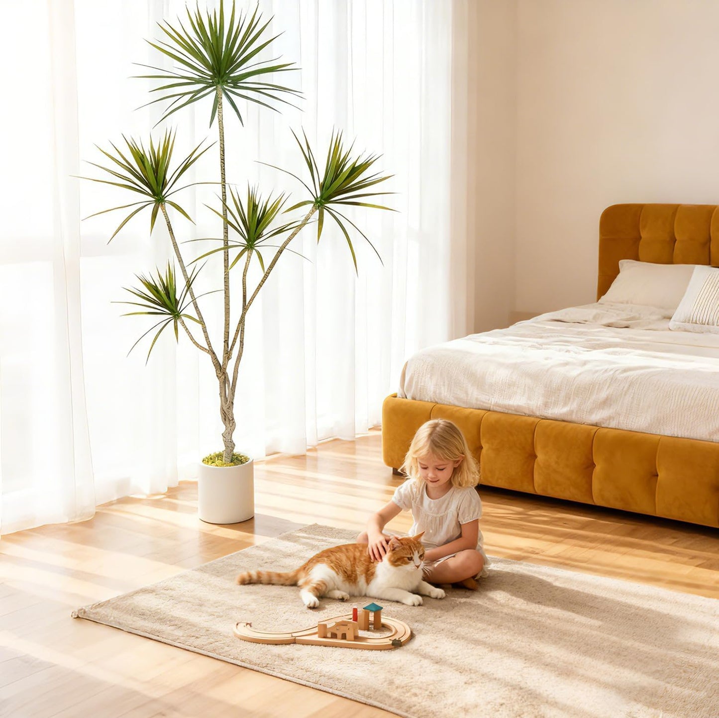 Dracaena Marginata Artificial Plant 6ft Tall Fake Tree Indoor Home | Premium Realistic Leaves & Natural Wood-Like Trunk, Faux Dracaena Tree Floor Plant in Decorative Pot, No Maintenance