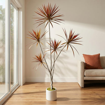 Dracaena Marginata Artificial Plant 6ft Tall Fake Tree Indoor Home | Premium Realistic Leaves & Natural Wood-Like Trunk, Faux Dracaena Tree Floor Plant in Decorative Pot, No Maintenance