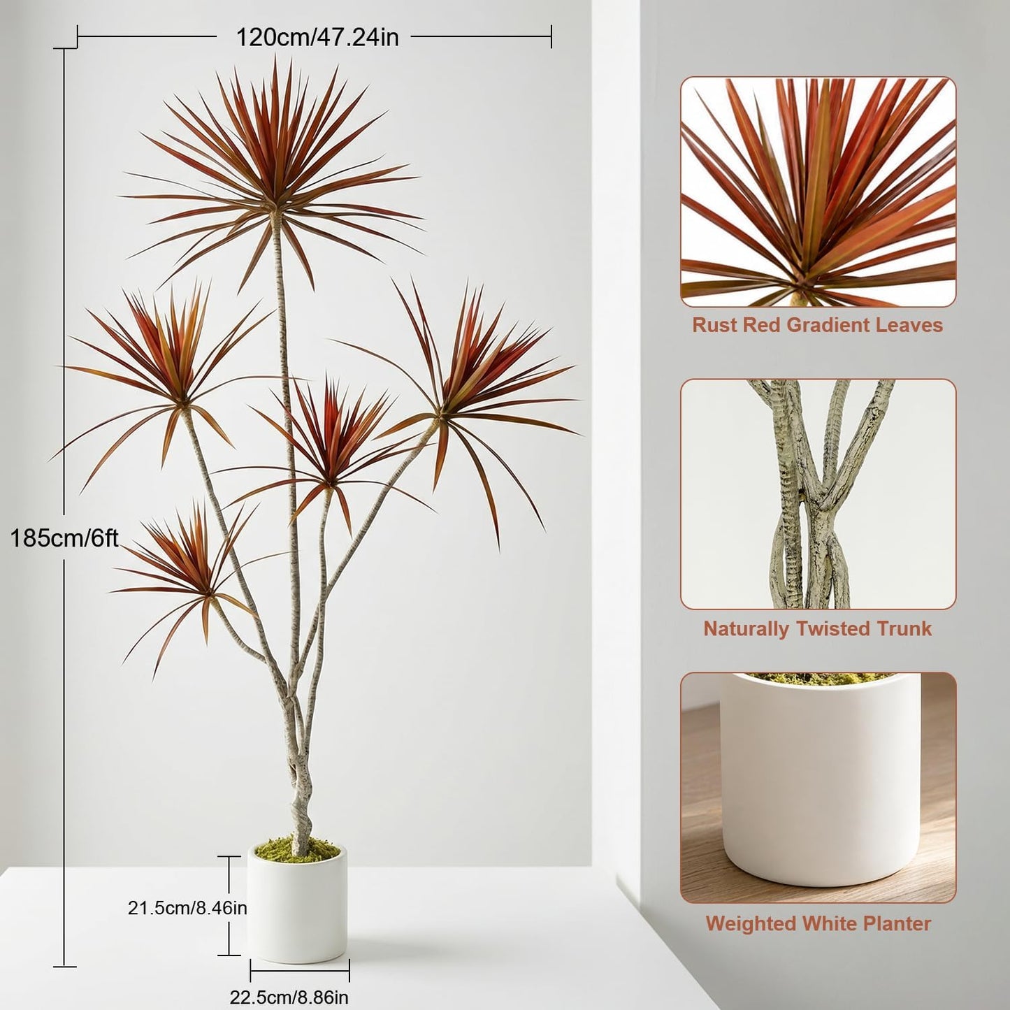 Dracaena Marginata Artificial Plant 6ft Tall Fake Tree Indoor Home | Premium Realistic Leaves & Natural Wood-Like Trunk, Faux Dracaena Tree Floor Plant in Decorative Pot, No Maintenance