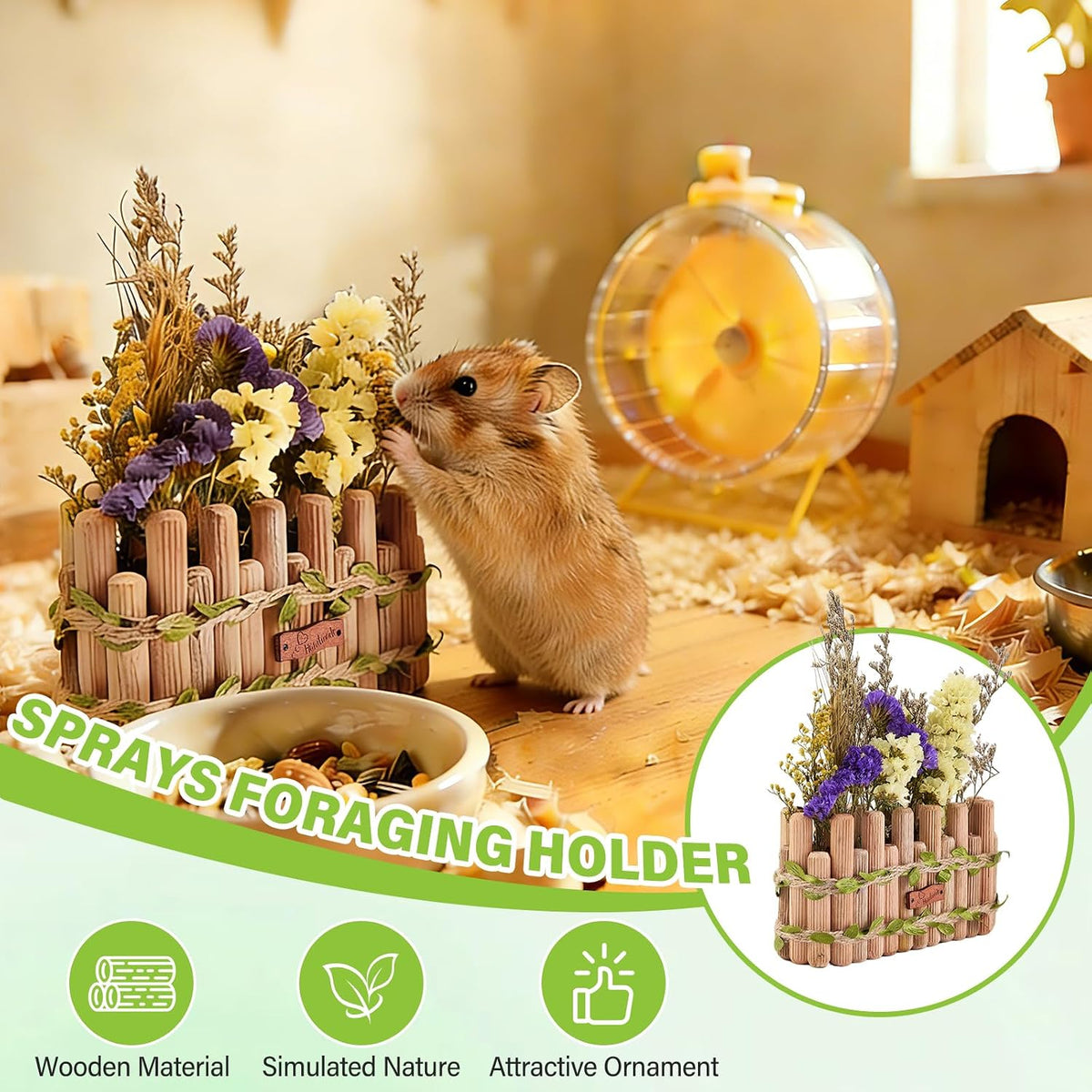 Natural Wood Hamster Spray Holder, Hamster Flower Forage Holder