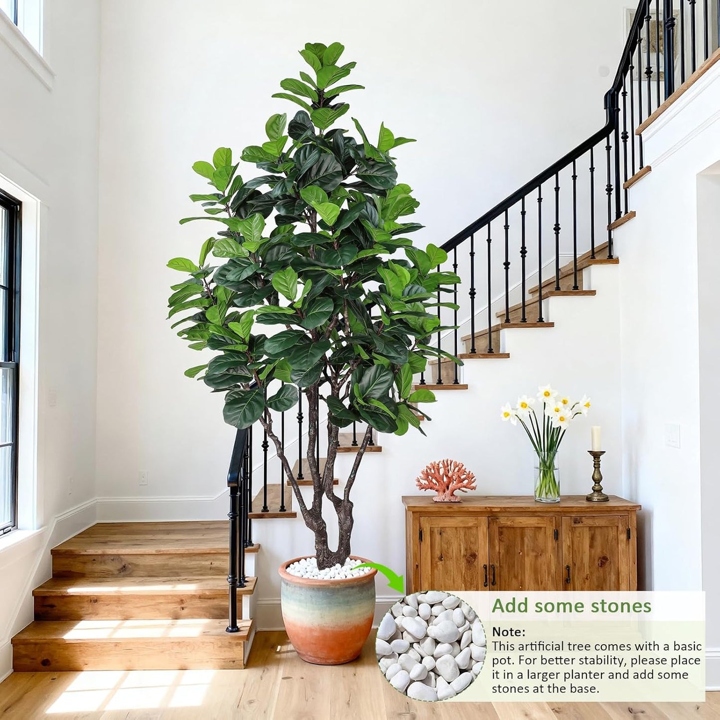 8FT Faux Fiddle Leaf Fig Tree, Large Artificial Plants Indoor Ficus Lyrata Trees, Realistic Fake Tree in Pot Floor Plant for Home Decor Office Christmas Housewarming Gift