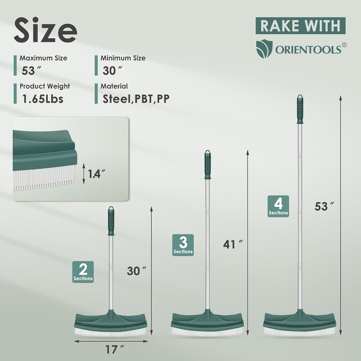 Artificial Turf Rake, Curved Grass Rake with 4-Section Adjustable Steel Handle from 30" to 53", Hand Telescopic Brush, for Artificial Turf, Patios, Carpets, Pet Hairs and Garden Lawn Clean