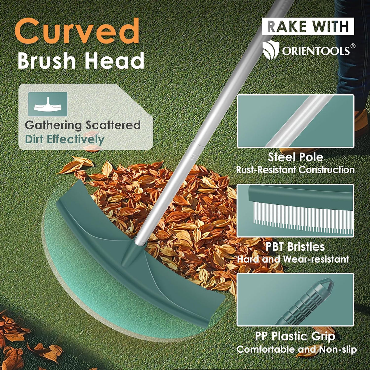 Artificial Turf Rake, Curved Grass Rake with 4-Section Adjustable Steel Handle from 30" to 53", Hand Telescopic Brush, for Artificial Turf, Patios, Carpets, Pet Hairs and Garden Lawn Clean