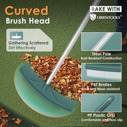 Artificial Turf Rake, Curved Grass Rake with 4-Section Adjustable Steel Handle from 30" to 53", Hand Telescopic Brush, for Artificial Turf, Patios, Carpets, Pet Hairs and Garden Lawn Clean