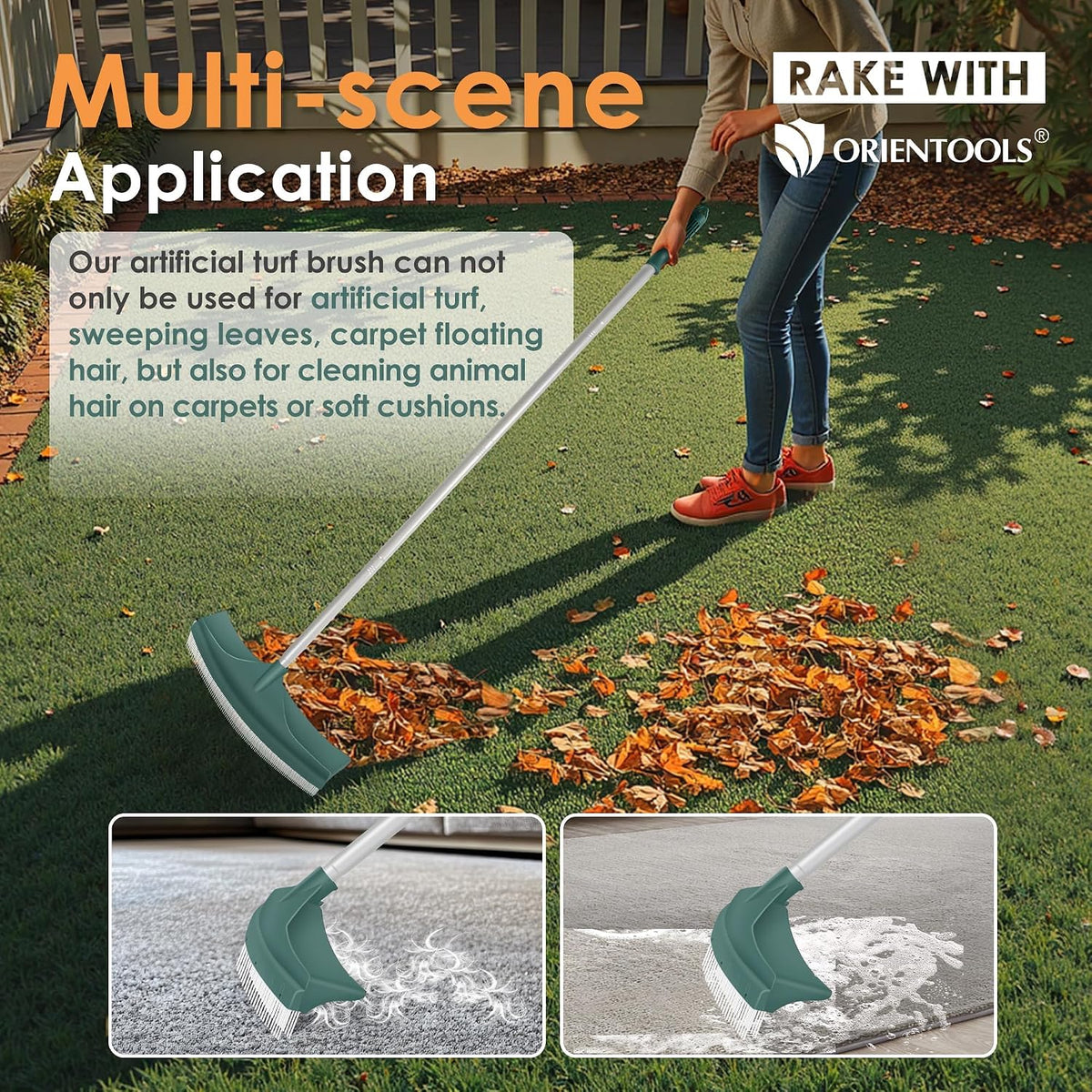 Artificial Turf Rake, Curved Grass Rake with 4-Section Adjustable Steel Handle from 30" to 53", Hand Telescopic Brush, for Artificial Turf, Patios, Carpets, Pet Hairs and Garden Lawn Clean