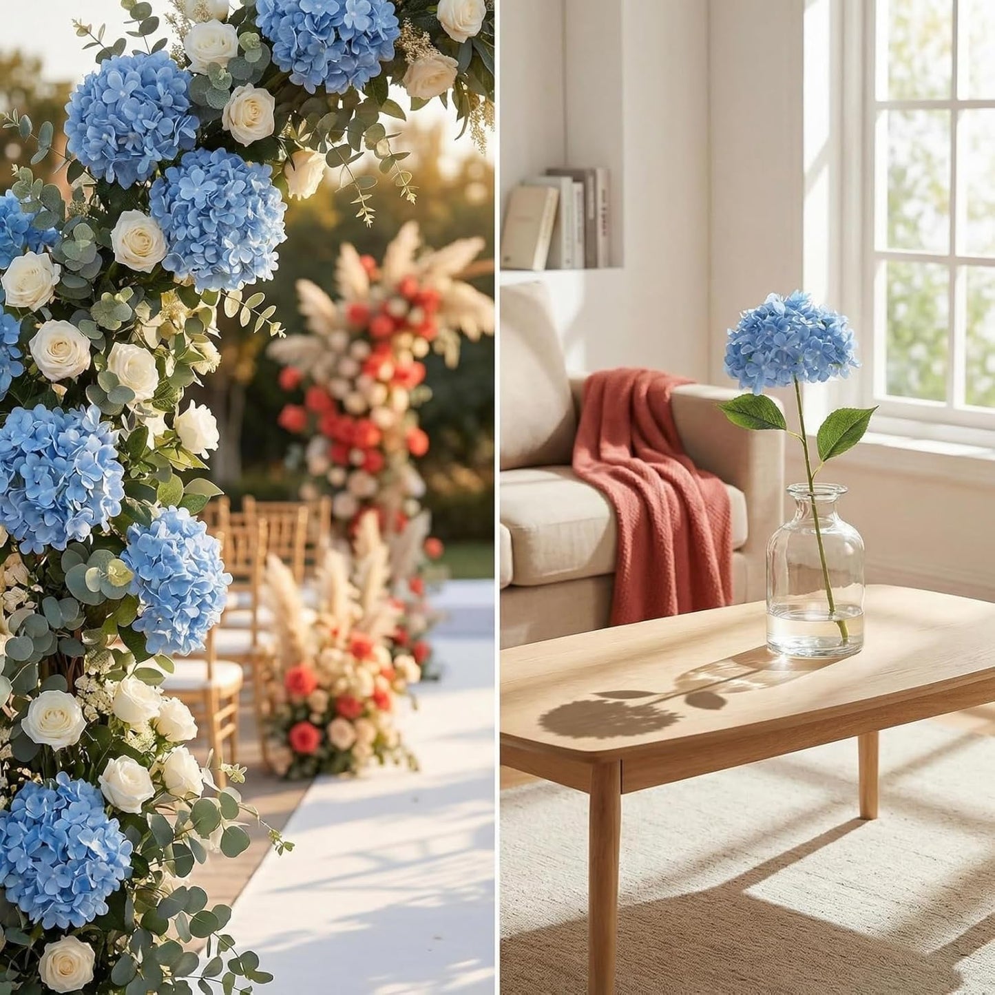 Blue Hydrangea Artificial Flowers 10pcs 22" Faux Hydrangea | Hydrangea Artificial Flowers with Stems Bouquets Arrangement for Home Table Centerpieces Wedding Birthday Party Decoration
