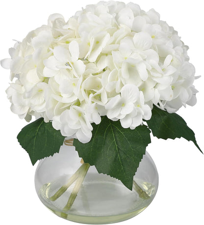 Artificial Hydrangea Flowers with Glass Vase & Fake Water - Faux Hydrangea for Home Table, Wedding Party, Office Decor | Realistic Fake Hydrangeas, Silk Flowers for Vase Arrangement(Hydrangea, white)