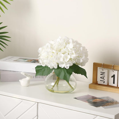 Artificial Hydrangea Flowers with Glass Vase & Fake Water - Faux Hydrangea for Home Table, Wedding Party, Office Decor | Realistic Fake Hydrangeas, Silk Flowers for Vase Arrangement(Hydrangea, white)