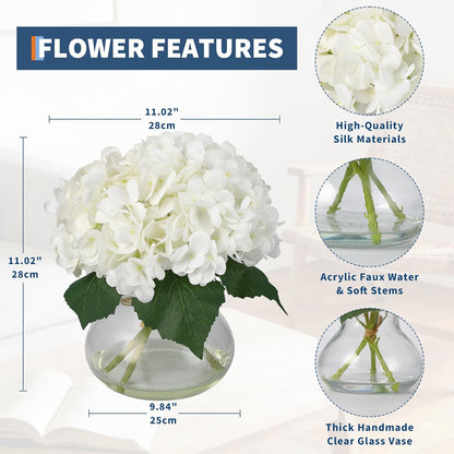 Artificial Hydrangea Flowers with Glass Vase & Fake Water - Faux Hydrangea for Home Table, Wedding Party, Office Decor | Realistic Fake Hydrangeas, Silk Flowers for Vase Arrangement(Hydrangea, white)