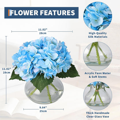Artificial Hydrangea Flowers with Glass Vase & Fake Water - Faux Hydrangea for Home Table, Wedding Party, Office Decor | Realistic Fake Hydrangeas, Silk Flowers for Vase Arrangement(Hydrangea, white)