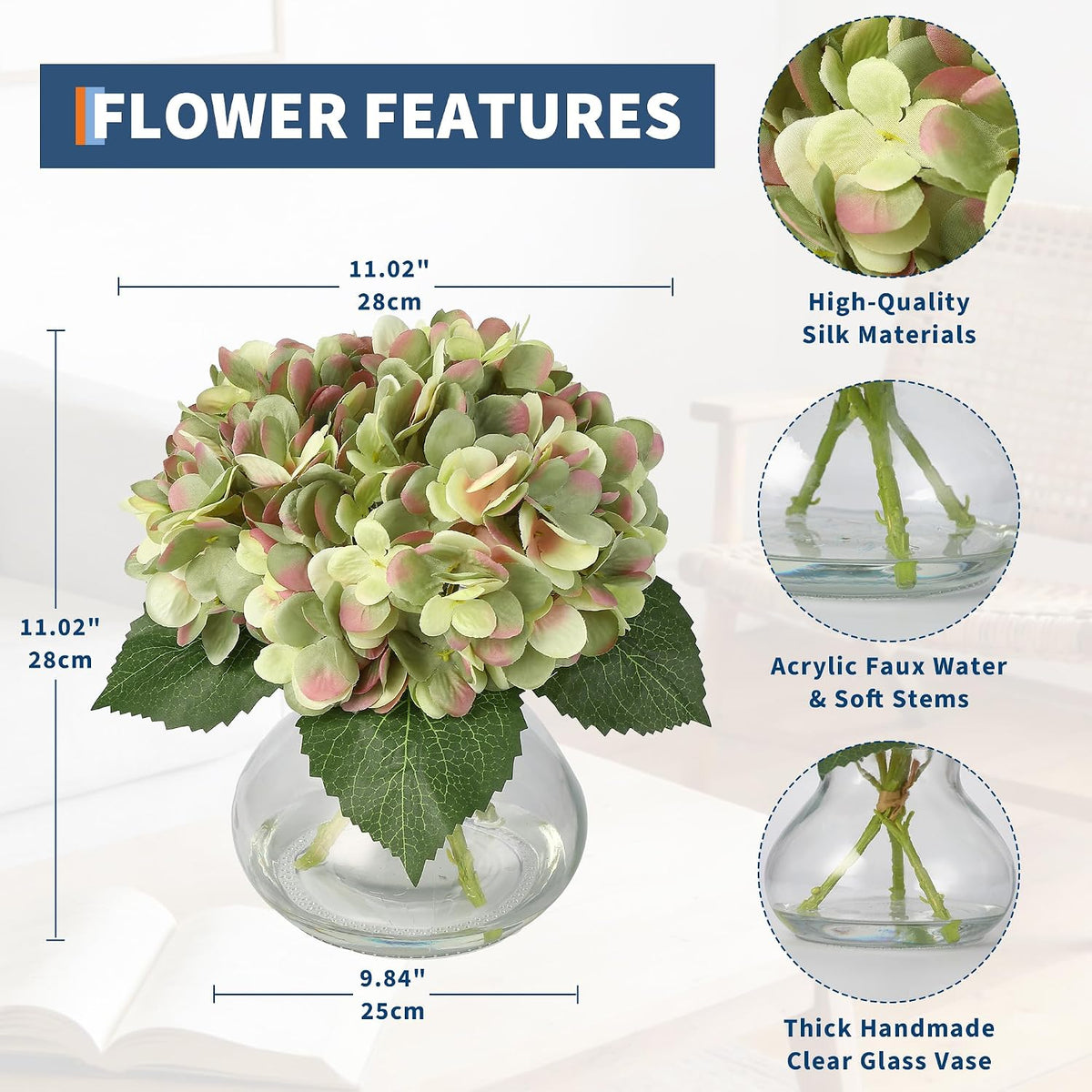 Artificial Hydrangea Flowers with Glass Vase & Fake Water - Faux Hydrangea for Home Table, Wedding Party, Office Decor | Realistic Fake Hydrangeas, Silk Flowers for Vase Arrangement(Hydrangea, white)