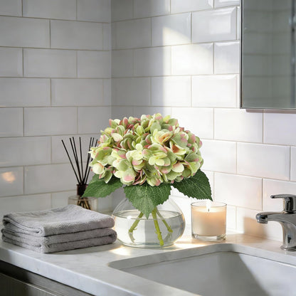 Artificial Hydrangea Flowers with Glass Vase & Fake Water - Faux Hydrangea for Home Table, Wedding Party, Office Decor | Realistic Fake Hydrangeas, Silk Flowers for Vase Arrangement(Hydrangea, white)