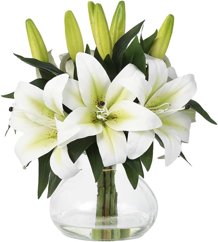 Artificial Hydrangea Flowers with Glass Vase & Fake Water - Faux Hydrangea for Home Table, Wedding Party, Office Decor | Realistic Fake Hydrangeas, Silk Flowers for Vase Arrangement(Hydrangea, white)