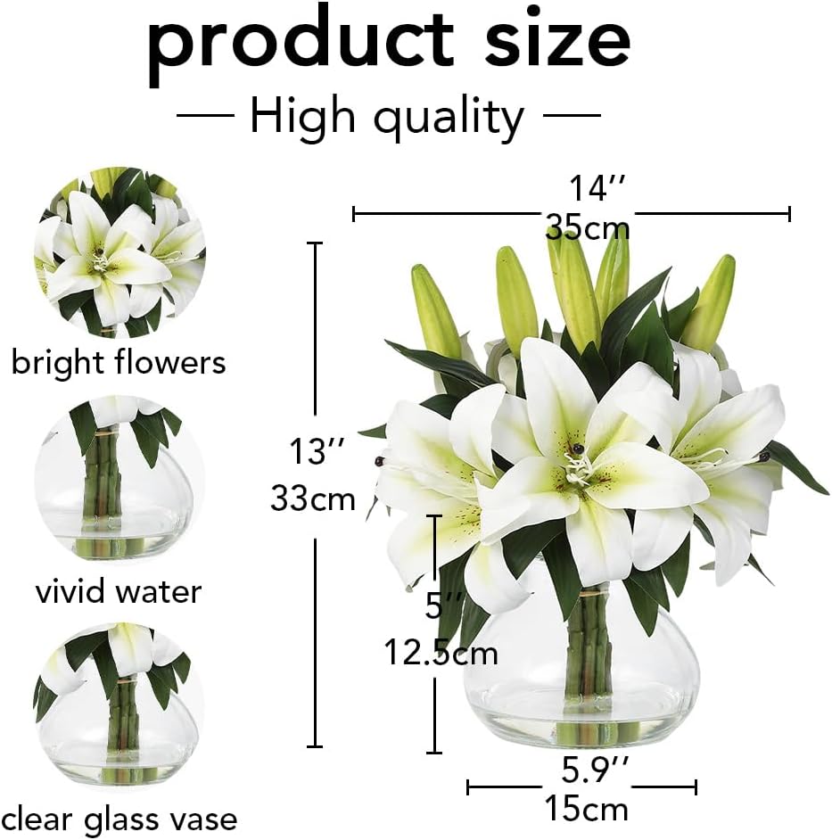 Artificial Hydrangea Flowers with Glass Vase & Fake Water - Faux Hydrangea for Home Table, Wedding Party, Office Decor | Realistic Fake Hydrangeas, Silk Flowers for Vase Arrangement(Hydrangea, white)