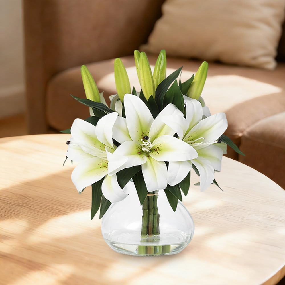 Artificial Hydrangea Flowers with Glass Vase & Fake Water - Faux Hydrangea for Home Table, Wedding Party, Office Decor | Realistic Fake Hydrangeas, Silk Flowers for Vase Arrangement(Hydrangea, white)