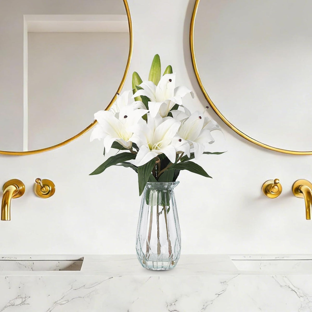 Artificial Hydrangea Flowers with Glass Vase & Fake Water - Faux Hydrangea for Home Table, Wedding Party, Office Decor | Realistic Fake Hydrangeas, Silk Flowers for Vase Arrangement(Hydrangea, white)