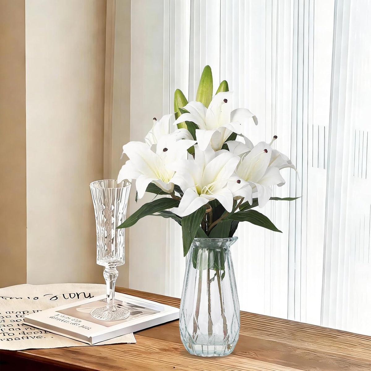 Artificial Hydrangea Flowers with Glass Vase & Fake Water - Faux Hydrangea for Home Table, Wedding Party, Office Decor | Realistic Fake Hydrangeas, Silk Flowers for Vase Arrangement(Hydrangea, white)