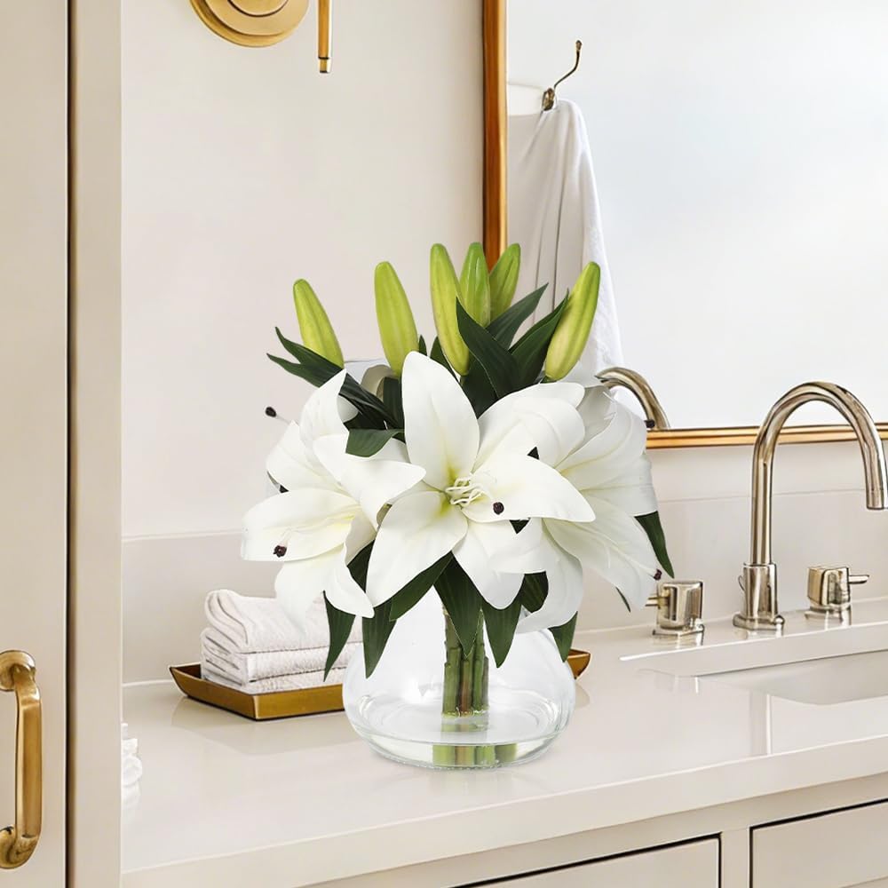 Artificial Hydrangea Flowers with Glass Vase & Fake Water - Faux Hydrangea for Home Table, Wedding Party, Office Decor | Realistic Fake Hydrangeas, Silk Flowers for Vase Arrangement(Hydrangea, white)