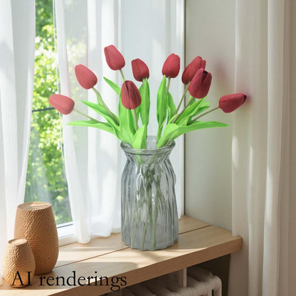 10-Heads Artificial Flowers PU Mini Real Touch Tulip Bouquets for Home Wedding Party Centerpiece Decoration (Coral) | 13.38 Inch,Real Touch PU Faux Floral,Mini Artificial Flowers for Home Decor Wedding Centerpiece Party Table Arrangment