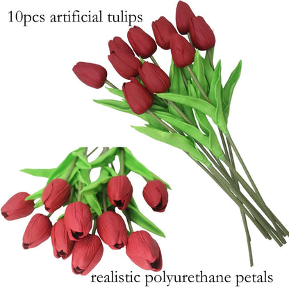 10-Heads Artificial Flowers PU Mini Real Touch Tulip Bouquets for Home Wedding Party Centerpiece Decoration (Coral) | 13.38 Inch,Real Touch PU Faux Floral,Mini Artificial Flowers for Home Decor Wedding Centerpiece Party Table Arrangment