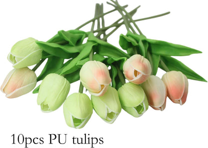 10-Heads Artificial Flowers PU Mini Real Touch Tulip Bouquets for Home Wedding Party Centerpiece Decoration (Coral) | 13.38 Inch,Real Touch PU Faux Floral,Mini Artificial Flowers for Home Decor Wedding Centerpiece Party Table Arrangment