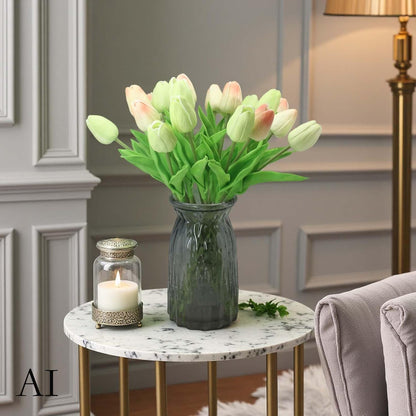 10-Heads Artificial Flowers PU Mini Real Touch Tulip Bouquets for Home Wedding Party Centerpiece Decoration (Coral) | 13.38 Inch,Real Touch PU Faux Floral,Mini Artificial Flowers for Home Decor Wedding Centerpiece Party Table Arrangment