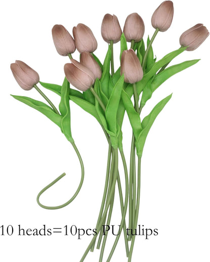 10-Heads Artificial Flowers PU Mini Real Touch Tulip Bouquets for Home Wedding Party Centerpiece Decoration (Coral) | 13.38 Inch,Real Touch PU Faux Floral,Mini Artificial Flowers for Home Decor Wedding Centerpiece Party Table Arrangment
