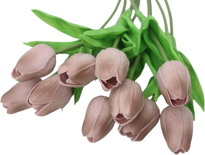 10-Heads Artificial Flowers PU Mini Real Touch Tulip Bouquets for Home Wedding Party Centerpiece Decoration (Coral) | 13.38 Inch,Real Touch PU Faux Floral,Mini Artificial Flowers for Home Decor Wedding Centerpiece Party Table Arrangment