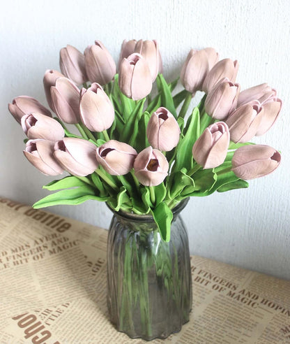10-Heads Artificial Flowers PU Mini Real Touch Tulip Bouquets for Home Wedding Party Centerpiece Decoration (Coral) | 13.38 Inch,Real Touch PU Faux Floral,Mini Artificial Flowers for Home Decor Wedding Centerpiece Party Table Arrangment