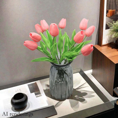 10-Heads Artificial Flowers PU Mini Real Touch Tulip Bouquets for Home Wedding Party Centerpiece Decoration (Coral) | 13.38 Inch,Real Touch PU Faux Floral,Mini Artificial Flowers for Home Decor Wedding Centerpiece Party Table Arrangment
