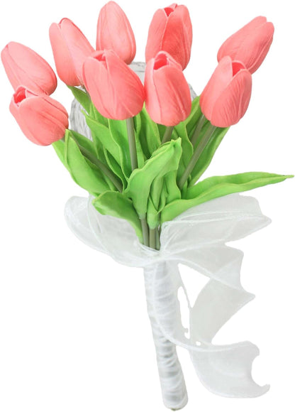 10-Heads Artificial Flowers PU Mini Real Touch Tulip Bouquets for Home Wedding Party Centerpiece Decoration (Coral) | 13.38 Inch,Real Touch PU Faux Floral,Mini Artificial Flowers for Home Decor Wedding Centerpiece Party Table Arrangment