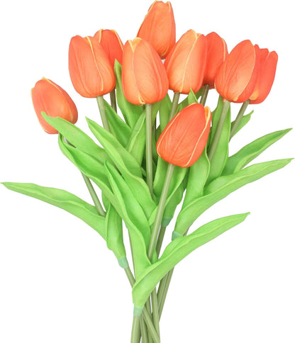 10-Heads Artificial Flowers PU Mini Real Touch Tulip Bouquets for Home Wedding Party Centerpiece Decoration (Coral) | 13.38 Inch,Real Touch PU Faux Floral,Mini Artificial Flowers for Home Decor Wedding Centerpiece Party Table Arrangment