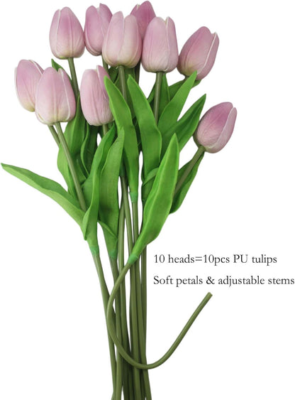 10-Heads Artificial Flowers PU Mini Real Touch Tulip Bouquets for Home Wedding Party Centerpiece Decoration (Coral) | 13.38 Inch,Real Touch PU Faux Floral,Mini Artificial Flowers for Home Decor Wedding Centerpiece Party Table Arrangment