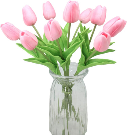 10-Heads Artificial Flowers PU Mini Real Touch Tulip Bouquets for Home Wedding Party Centerpiece Decoration (Coral) | 13.38 Inch,Real Touch PU Faux Floral,Mini Artificial Flowers for Home Decor Wedding Centerpiece Party Table Arrangment