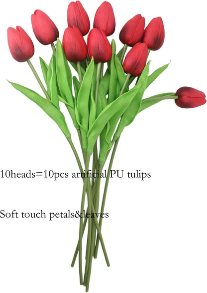 10-Heads Artificial Flowers PU Mini Real Touch Tulip Bouquets for Home Wedding Party Centerpiece Decoration (Coral) | 13.38 Inch,Real Touch PU Faux Floral,Mini Artificial Flowers for Home Decor Wedding Centerpiece Party Table Arrangment
