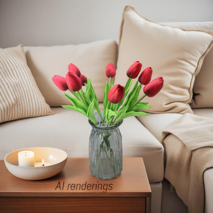 10-Heads Artificial Flowers PU Mini Real Touch Tulip Bouquets for Home Wedding Party Centerpiece Decoration (Coral) | 13.38 Inch,Real Touch PU Faux Floral,Mini Artificial Flowers for Home Decor Wedding Centerpiece Party Table Arrangment