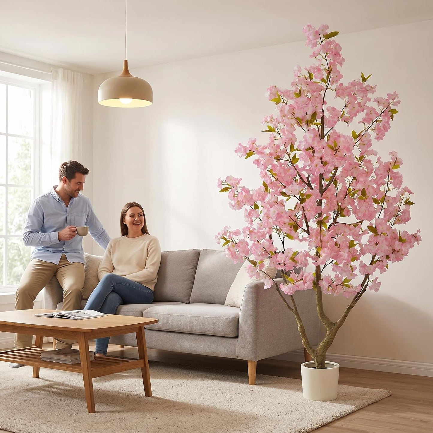 Artificial Cherry Blossom Tree 6ft Sakura with White Planter | 72” Tall Fake Pink Flower Plant, Faux Blooming Trees for Indoor Outdoor Home Office Wedding Entryway Decor