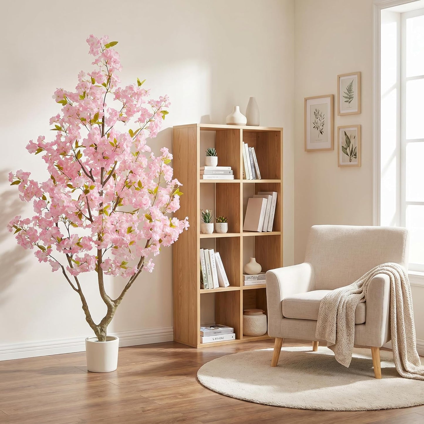 Artificial Cherry Blossom Tree 6ft Sakura with White Planter | 72” Tall Fake Pink Flower Plant, Faux Blooming Trees for Indoor Outdoor Home Office Wedding Entryway Decor
