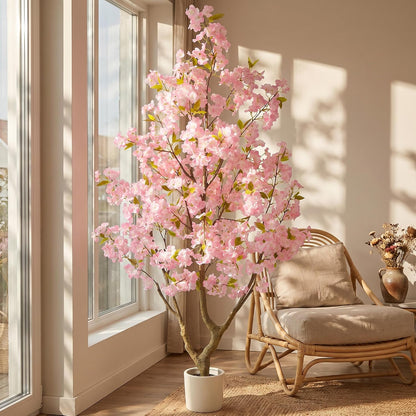 Artificial Cherry Blossom Tree 6ft Sakura with White Planter | 72” Tall Fake Pink Flower Plant, Faux Blooming Trees for Indoor Outdoor Home Office Wedding Entryway Decor