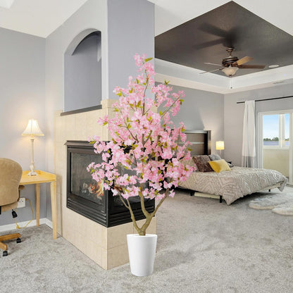 Artificial Cherry Blossom Tree 6ft Sakura with White Planter | 72” Tall Fake Pink Flower Plant, Faux Blooming Trees for Indoor Outdoor Home Office Wedding Entryway Decor