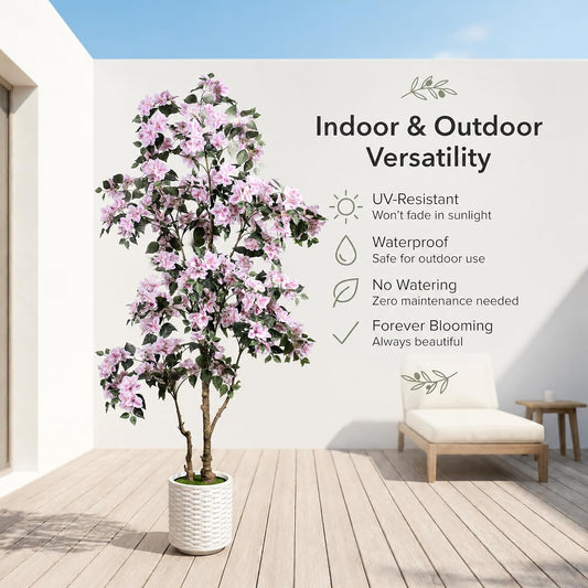 6FT Artificial Bougainvillea Tree with 567 Pink Silk Flowers, Realistic Faux Flowering Tree in White Pot, Large and Tall Floral Plant for Indoor/Outdoor Decor