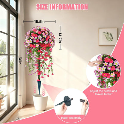 Yangrass Artificial Topiary Pink Flowers for Outdoors, Fake Bushes Topiary Ball Trees Set of 2 with Ground Spikes, Lifelike UV Resistant Faux Plants for Front Porch Garden Patio Decor